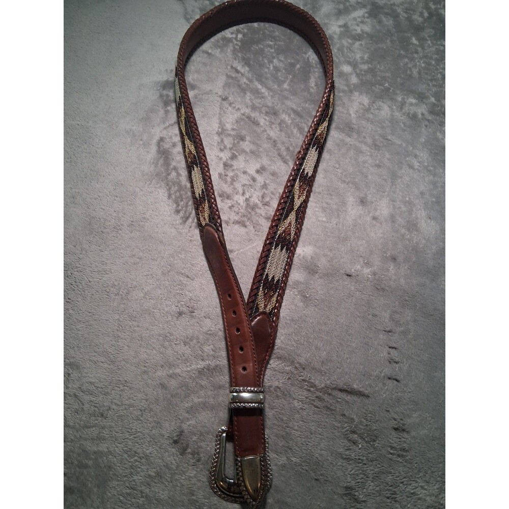 Tony Lama Leather Belt Size 40 Brown Woven Stitched Aztec-Design